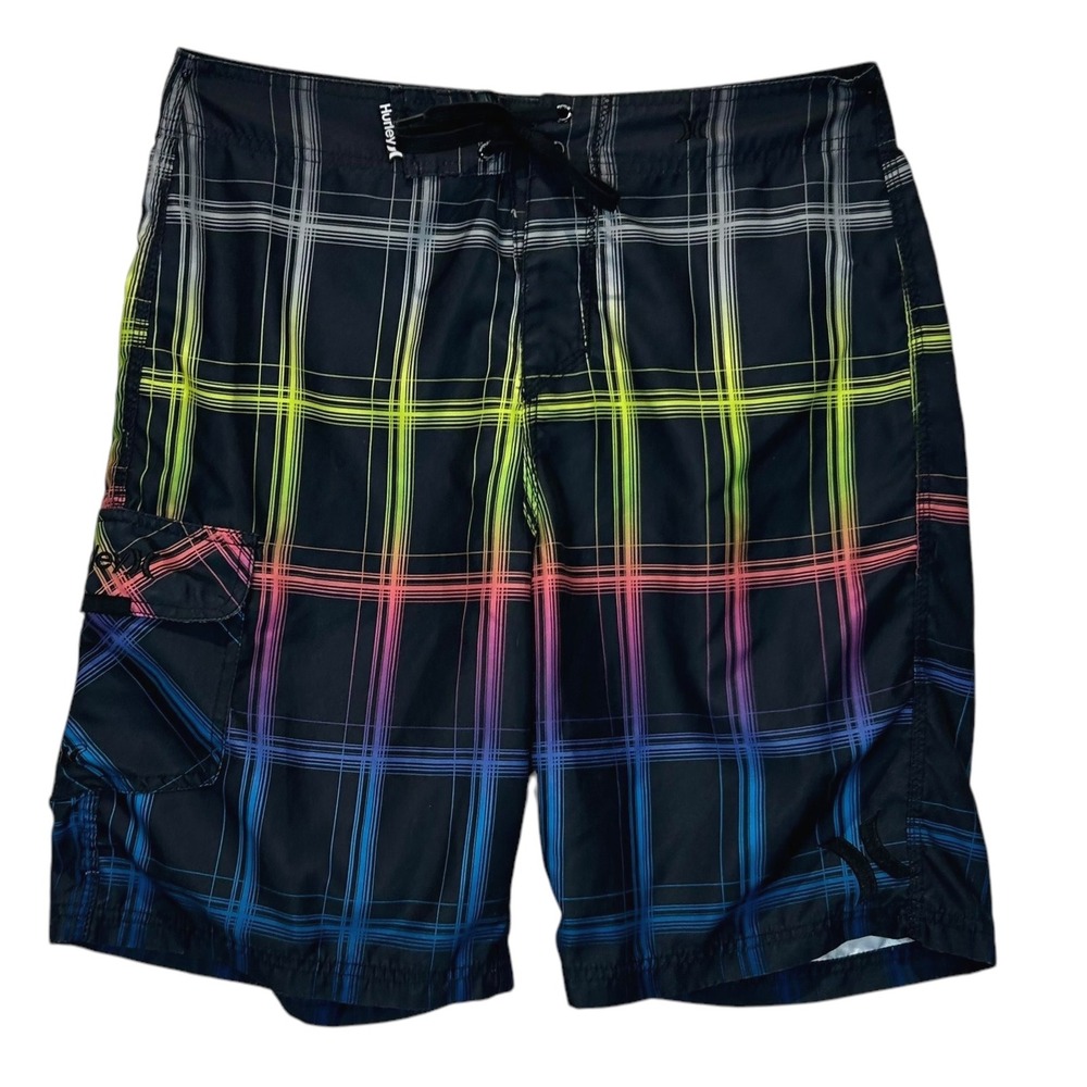 Hurley Board Shorts 10 " Swim Trunks Plaid Black Neon Pocket Drawstring‎ Size 30